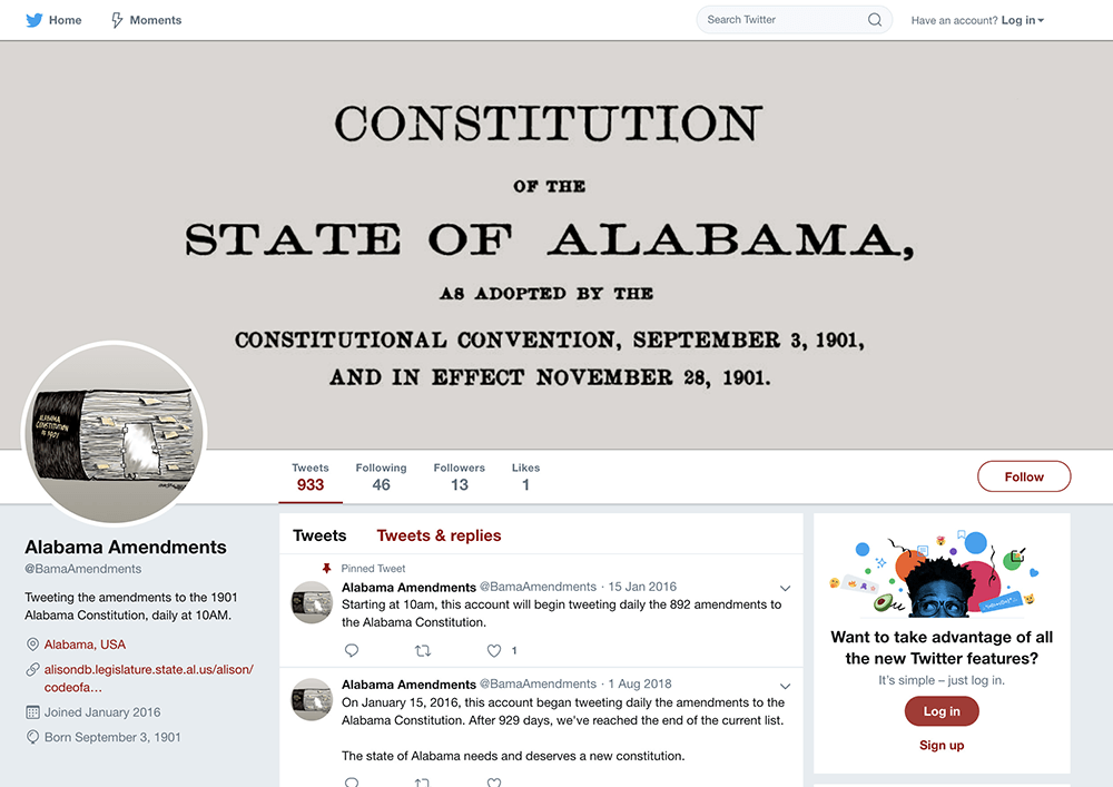 Screenshot of @BamaAmendments Twitter account