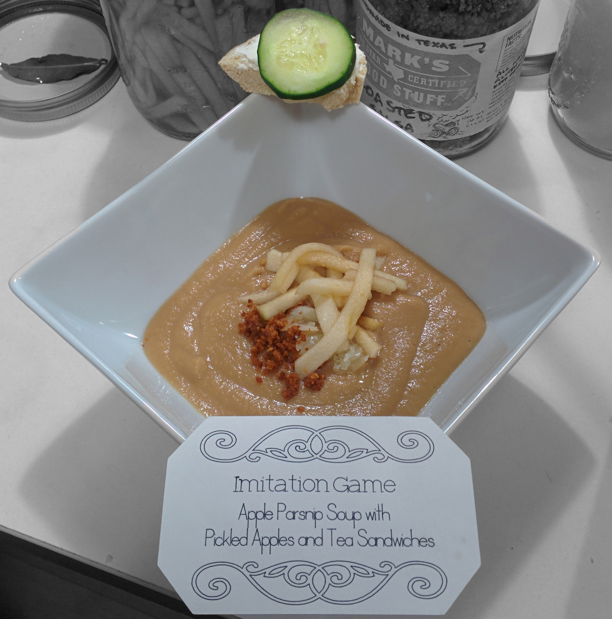 The Imitation Game: Apple parsnip soup with pickled apples and tea sandwich