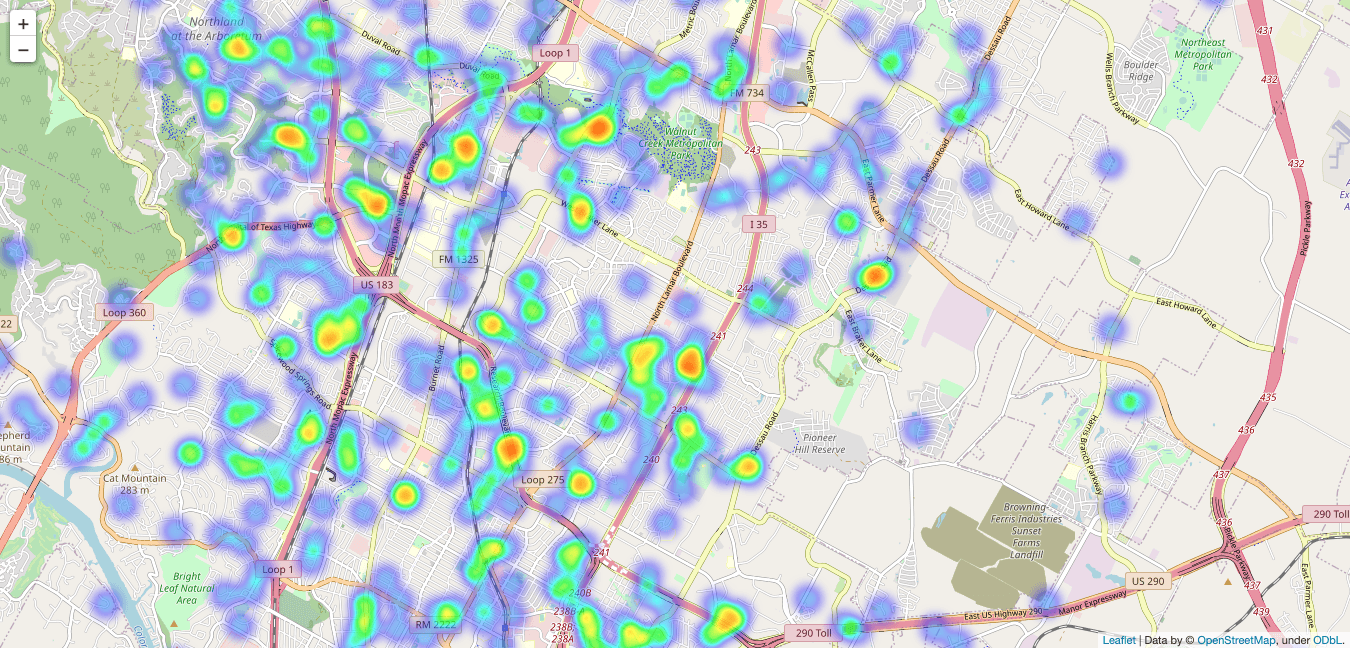 Heatmap of broken water pipe incident reports in North Austin