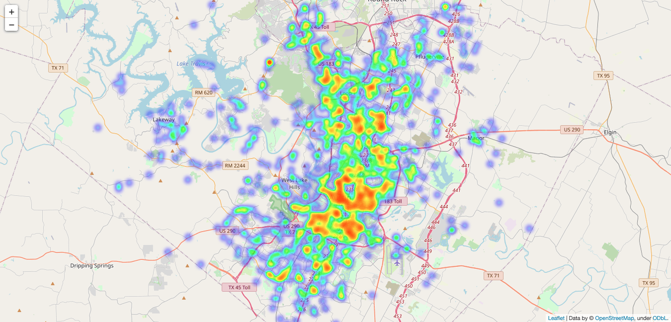 Heatmap of broken water pipe incident reports across Austin