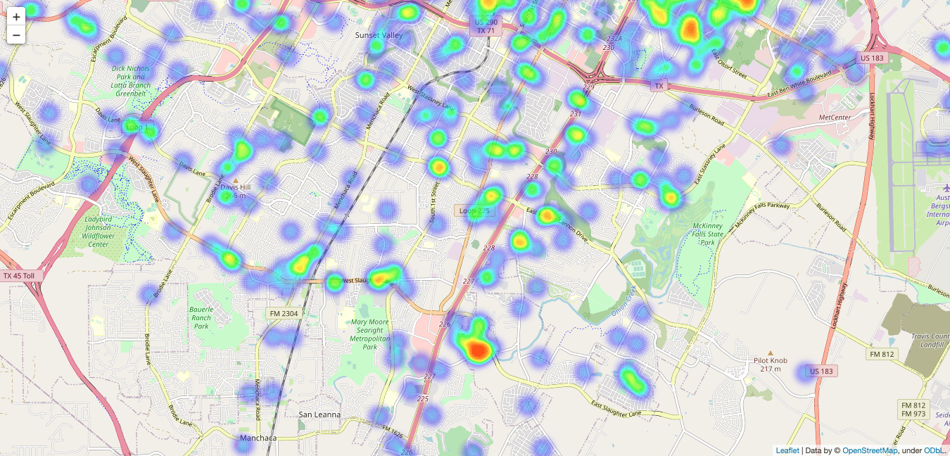 Heatmap of broken water pipe incident reports in South Austin