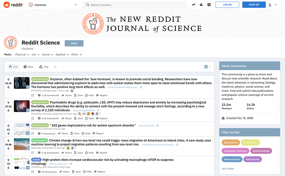 Screenshot of Reddit r/science